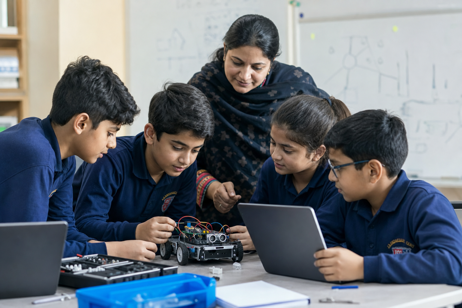 Pakistani students building a robot with their teacher