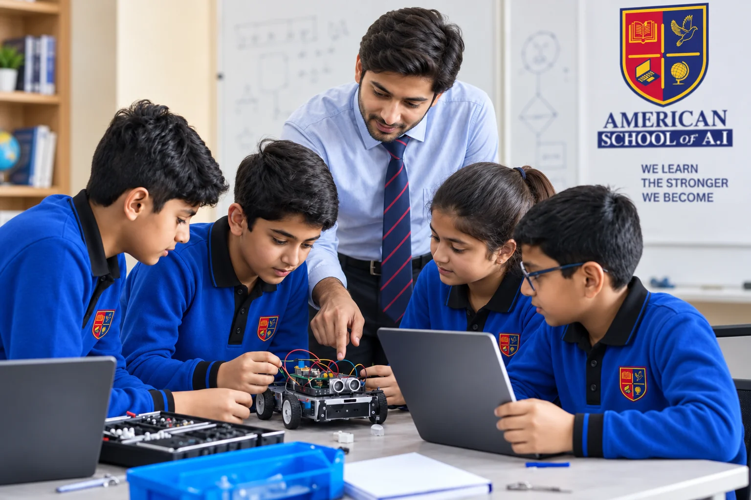 Pakistani students building a robot with their teacher
